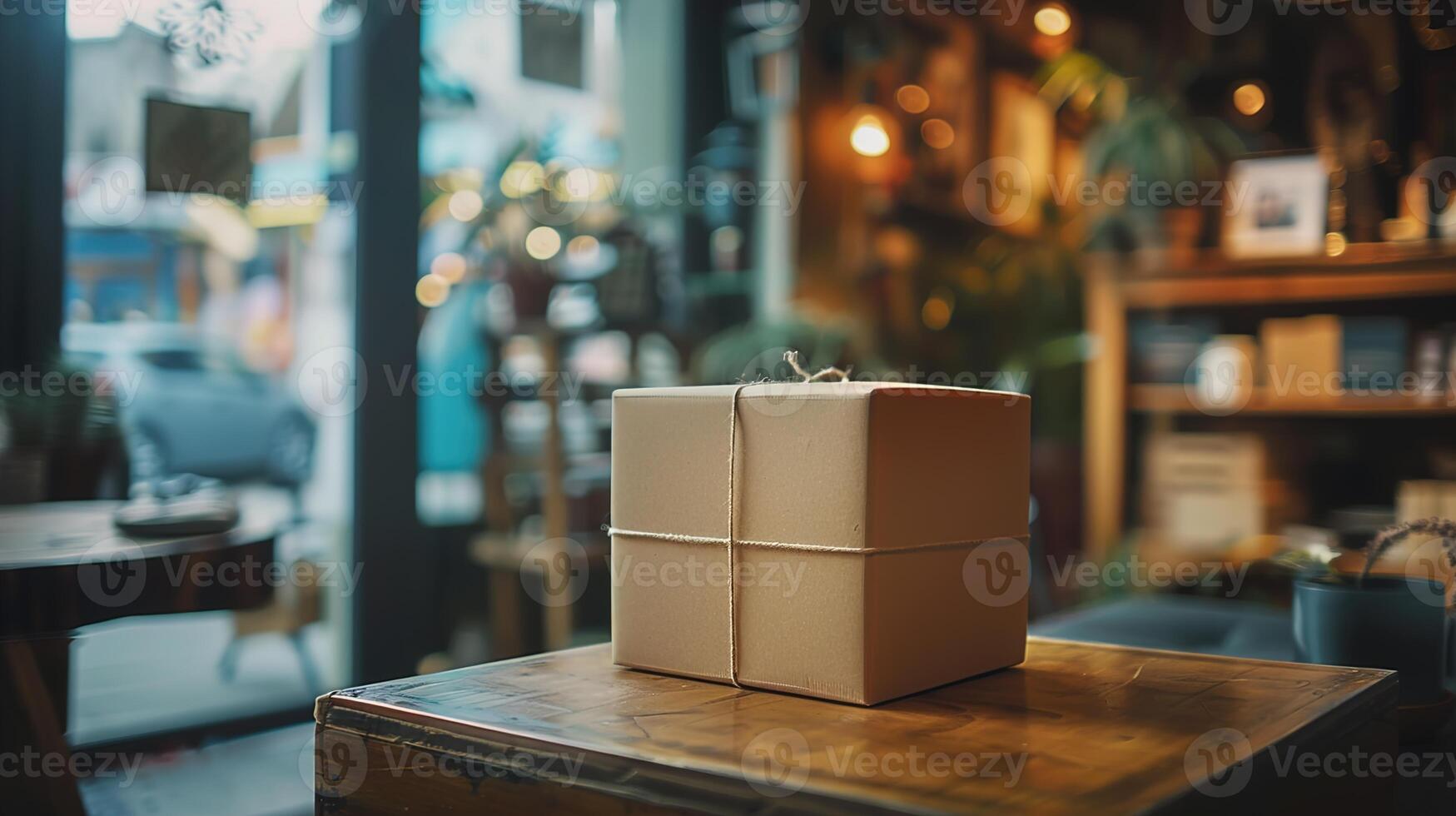 Modern Retail Store Display Cinematic Documentary Photography of Packaging Box on Table in Winter Afternoon Light photo