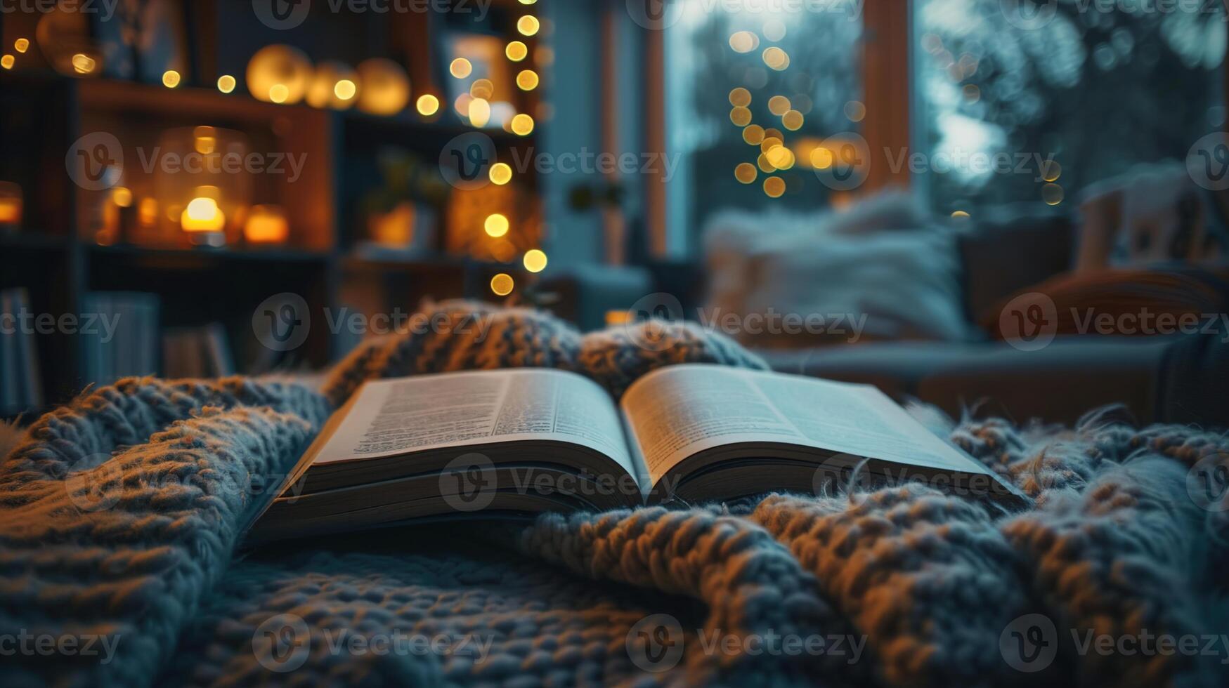 Intimate Winter Evening - Cinematic Editorial Photography of Open Book on Cozy Blanket in Living Room with Soft Evening Light, Perfect for Mockup Template photo