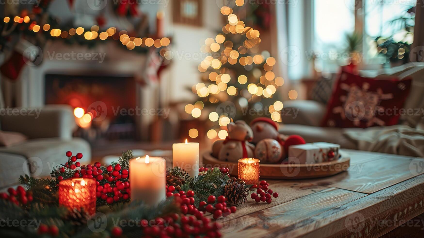 Cozy Winter Festivities - Cinematic Documentary Style Close-Up Shot of Greeting Card on Table in Cheerful Living Room with Soft Afternoon Light, Ideal for Magazine Editorial Mockup Template photo