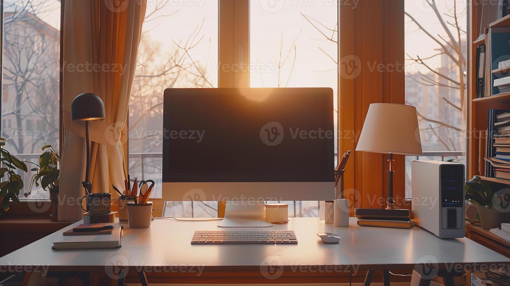 Morning Work Vibes Cinematic Documentary Style Editorial Photography of Home Office with Desktop Monitor and Office Supplies in Soft Winter Light photo