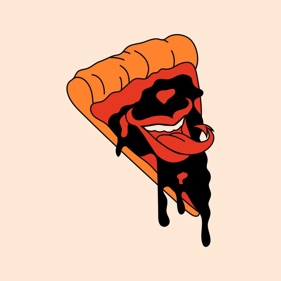 Cute, happy, funny pizza slice with a devil's mouth, cartoon mascot character vector