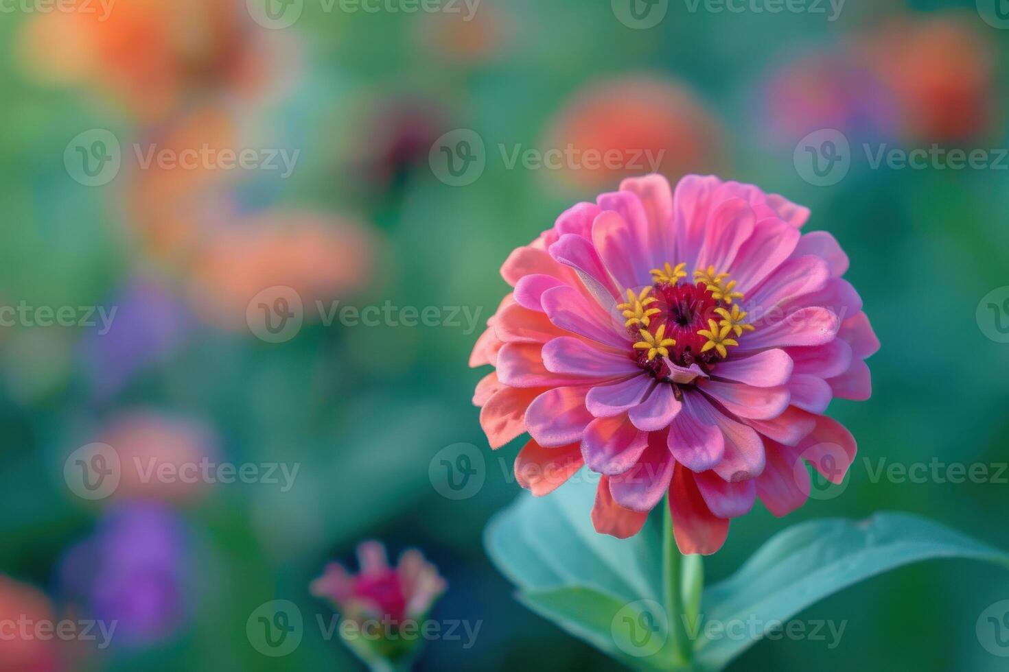 Beautiful pink zinnia flower blooming in a vibrant garden during the summer afternoon sunlight photo