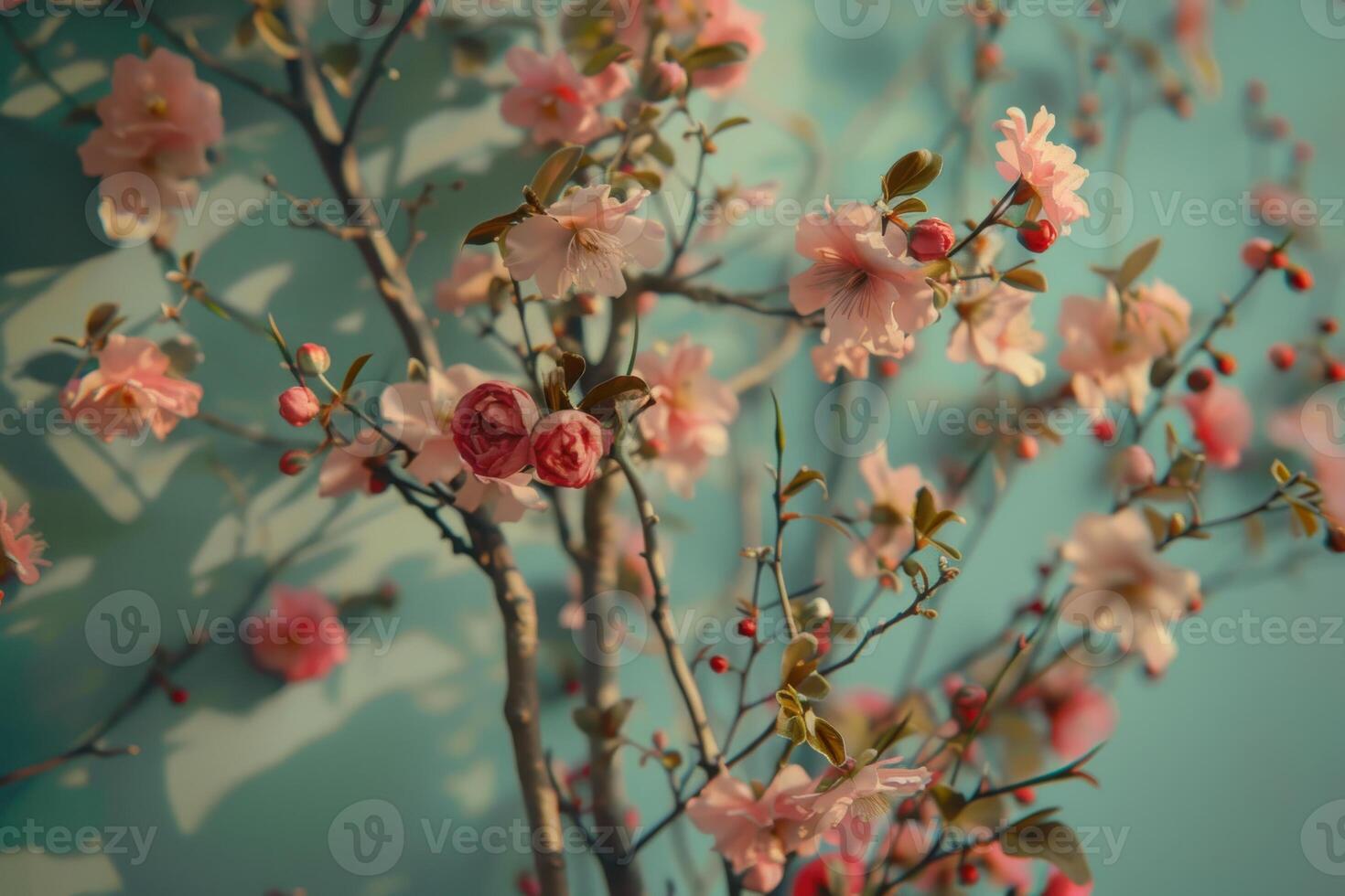 Cherry blossoms bloom against a soft blue background in a serene spring display photo