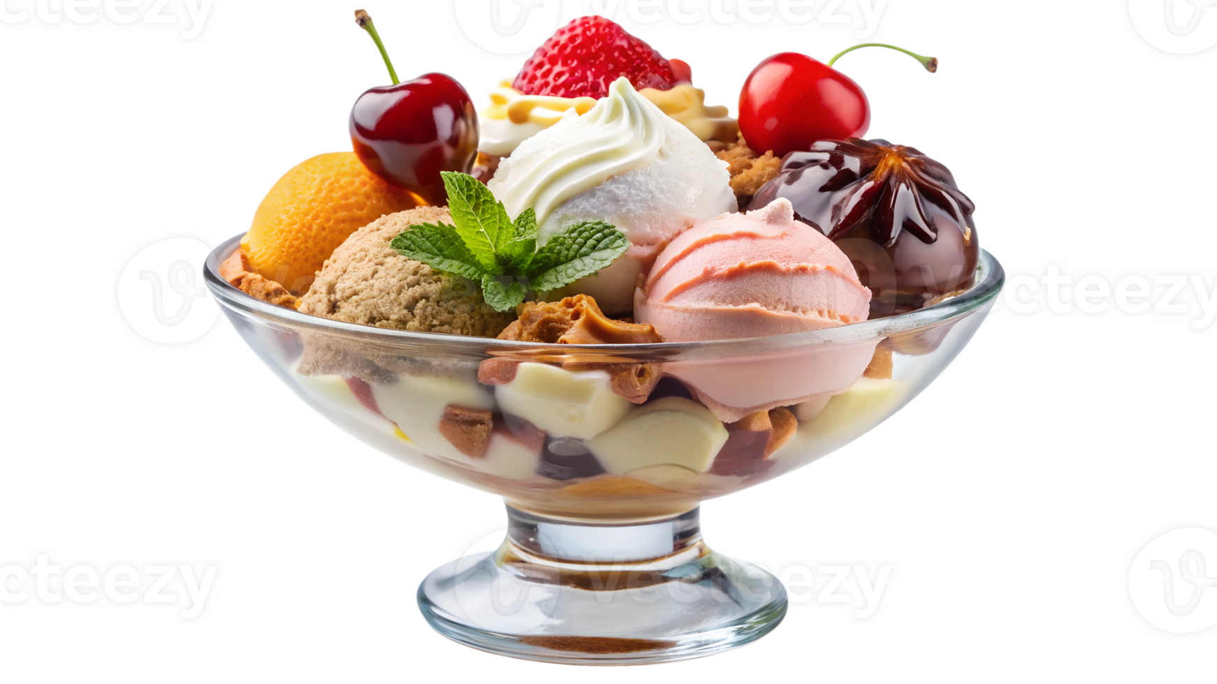 Mixed ice cream scoops with fruit and whipped cream in clear glass bowl transparent file png