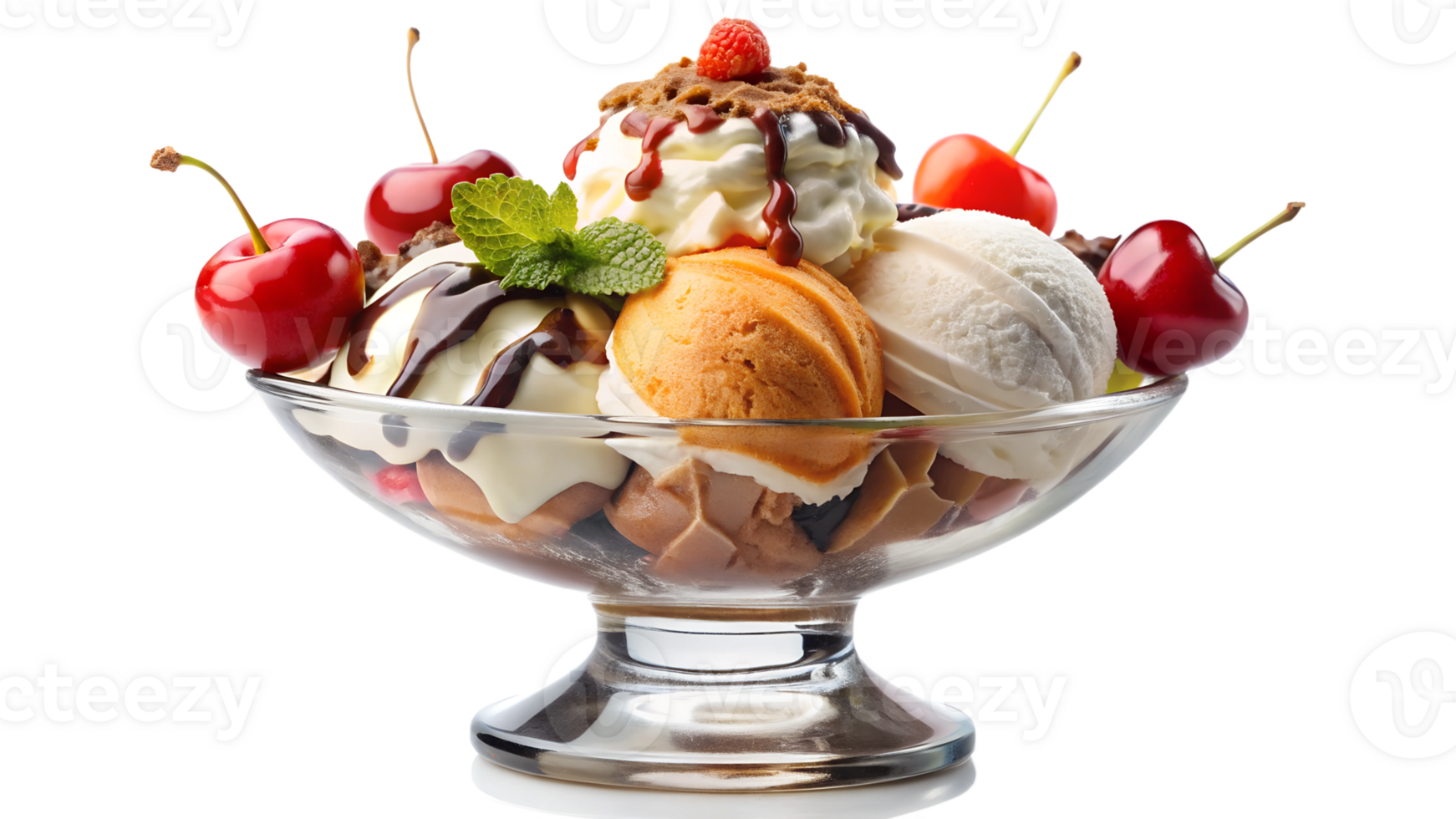 Ice cream sundae with cherries, whipped cream, and chocolate syrup in glass bowl transparent file png