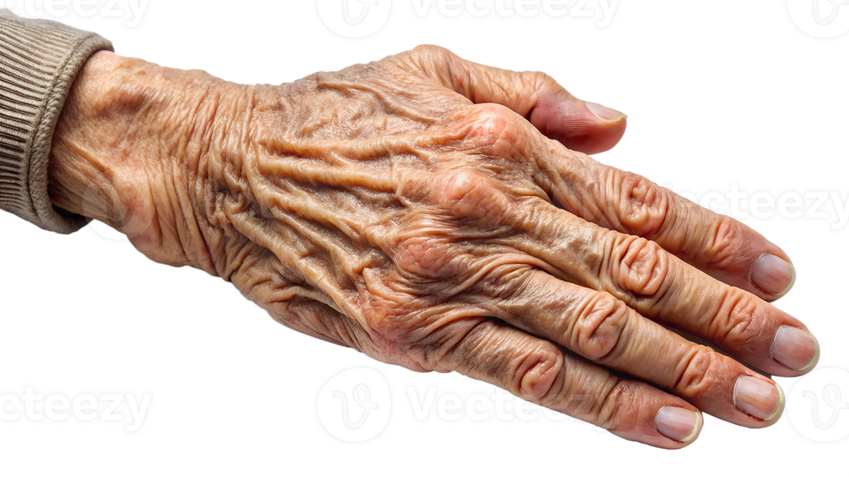 Realistic image of an elderly hand showing age and wisdom, transparent file png