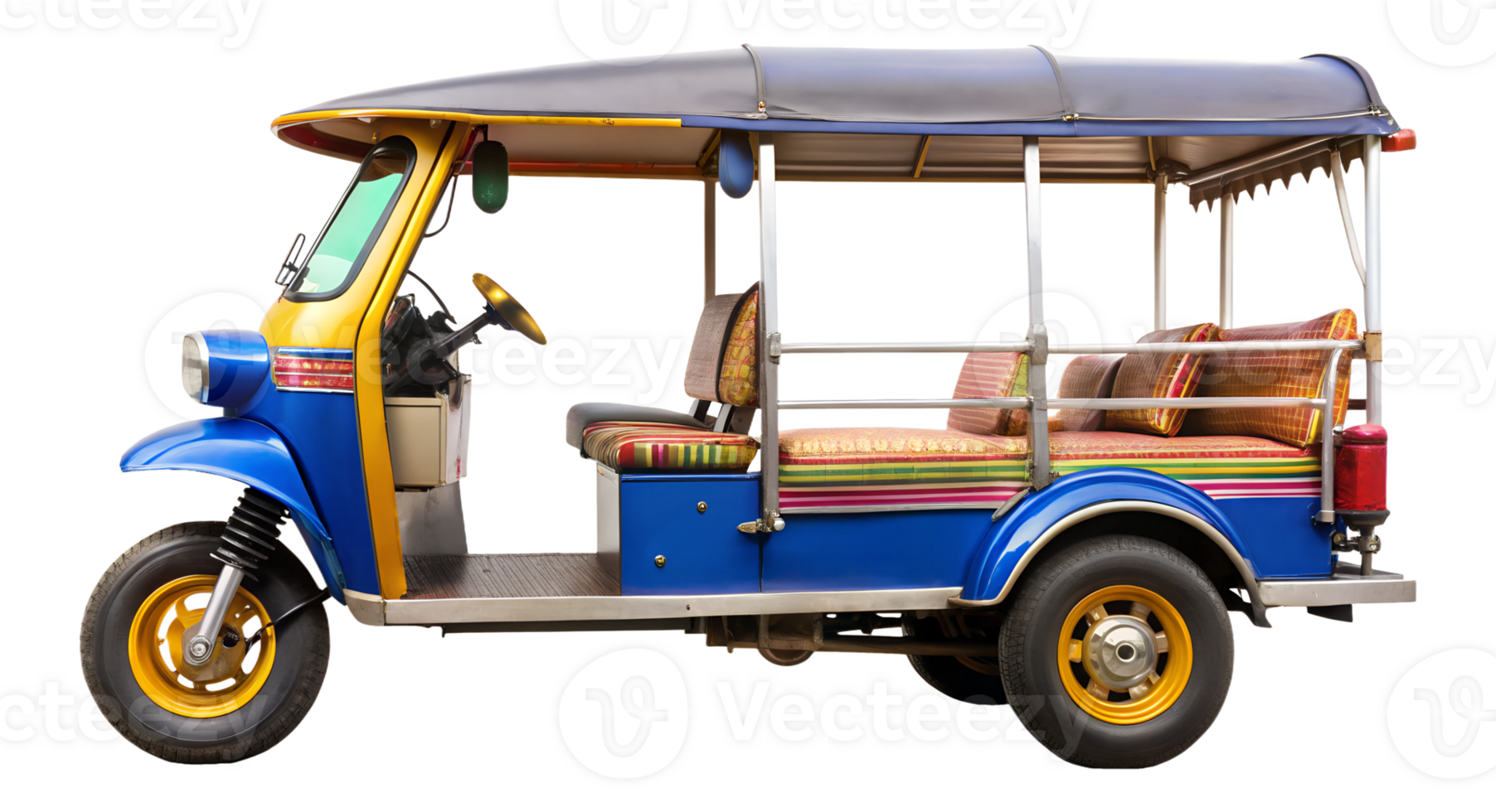 Side view of a traditional blue tuk-tuk with yellow accents and striped cushions, Southeast Asian vehicle, isolated transparent file png