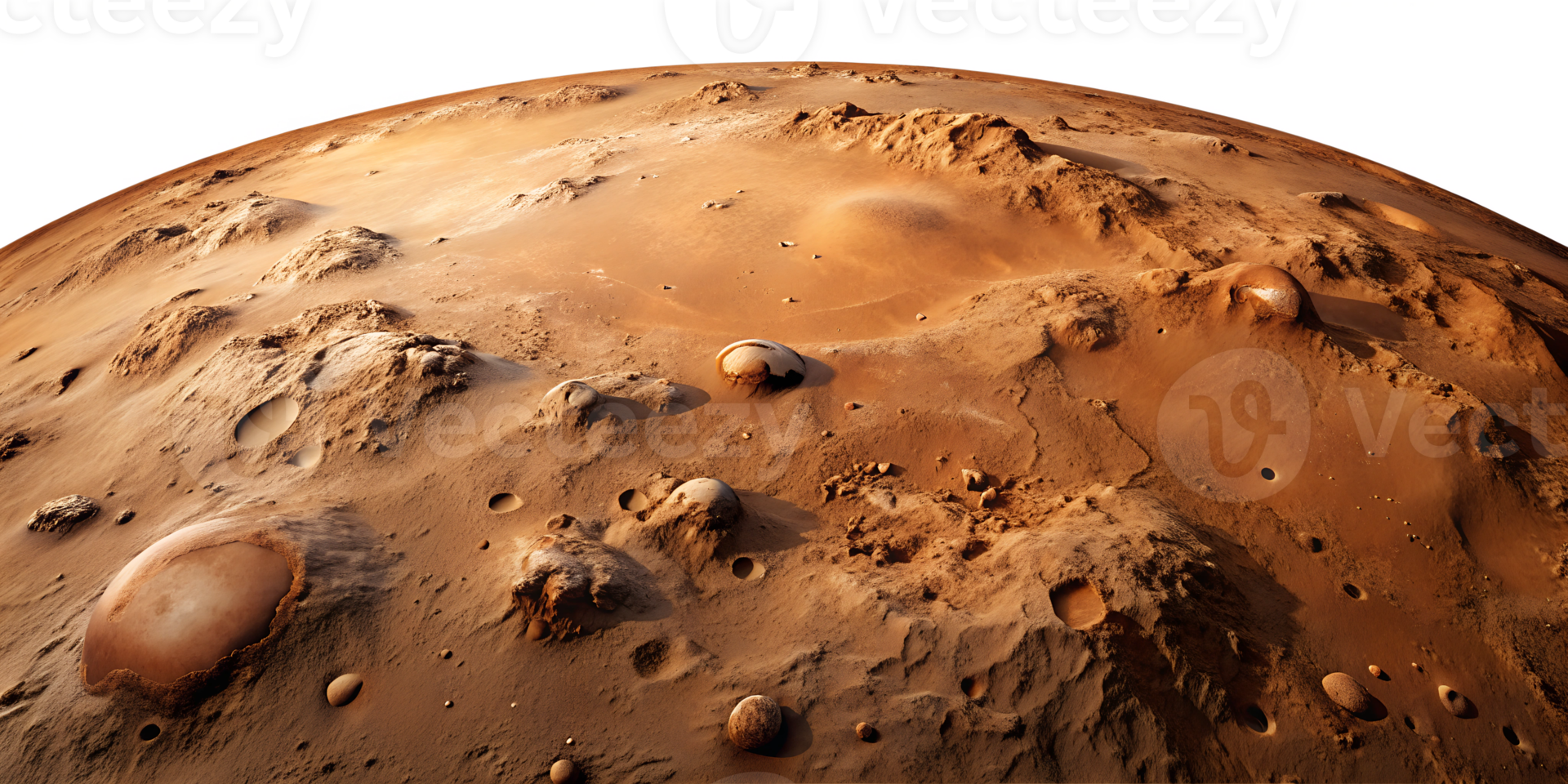 Martian landscape with craters and rocky terrain, planetary surface, Mars exploration, space science, detailed texture, transparent file png