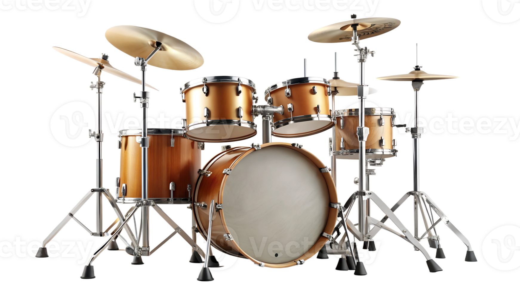 Complete drum kit with wooden finish and cymbals, perfect for music production and design, isolated, transparent file png