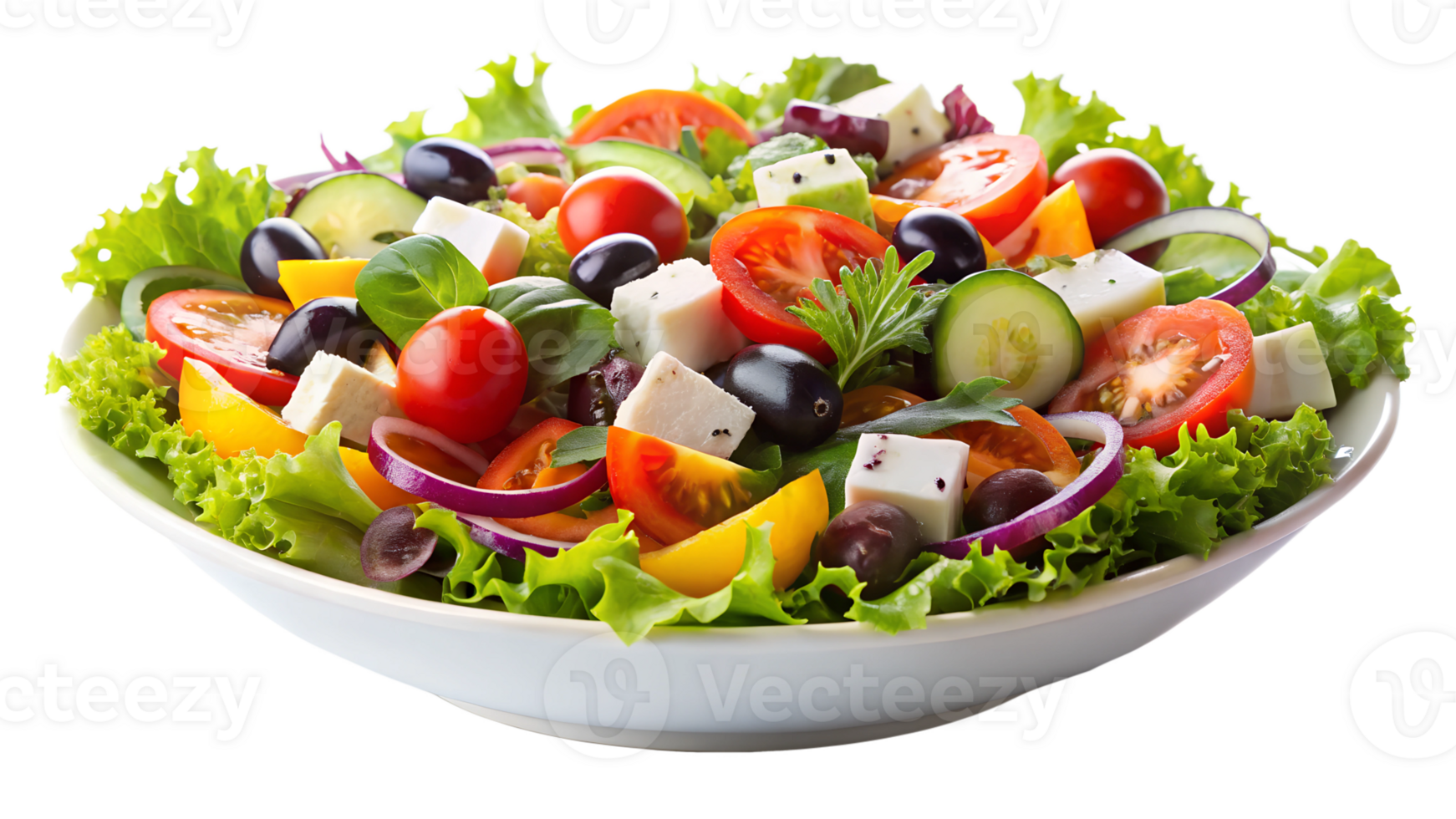 kom van gemengd groente salade met feta, olijven, en kers tomaten, ideaal voor een voedzaam eetpatroon, transparant het dossier png