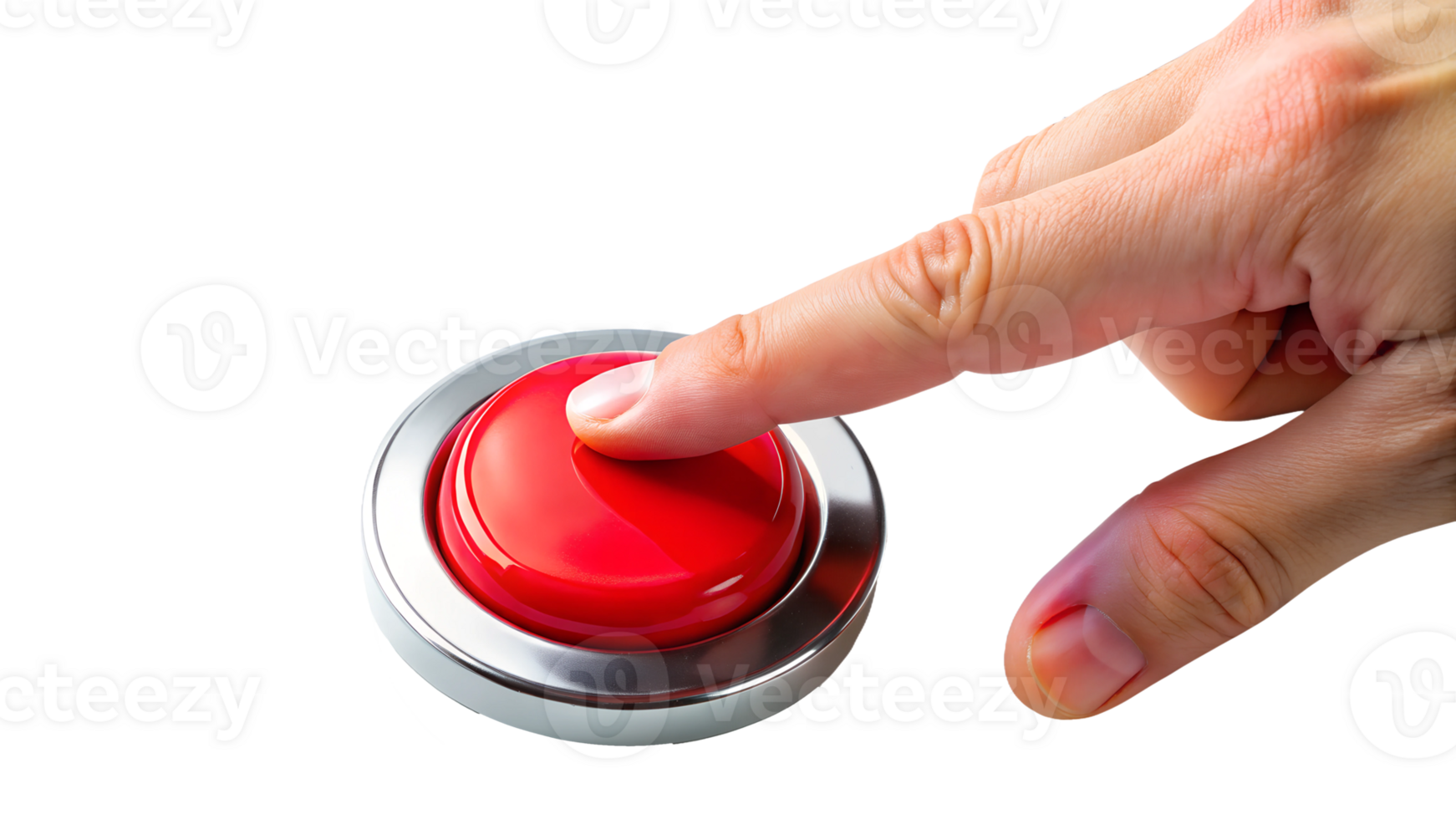 Hand pressing a red emergency button, concept of alert or panic, close-up view, transparent file png