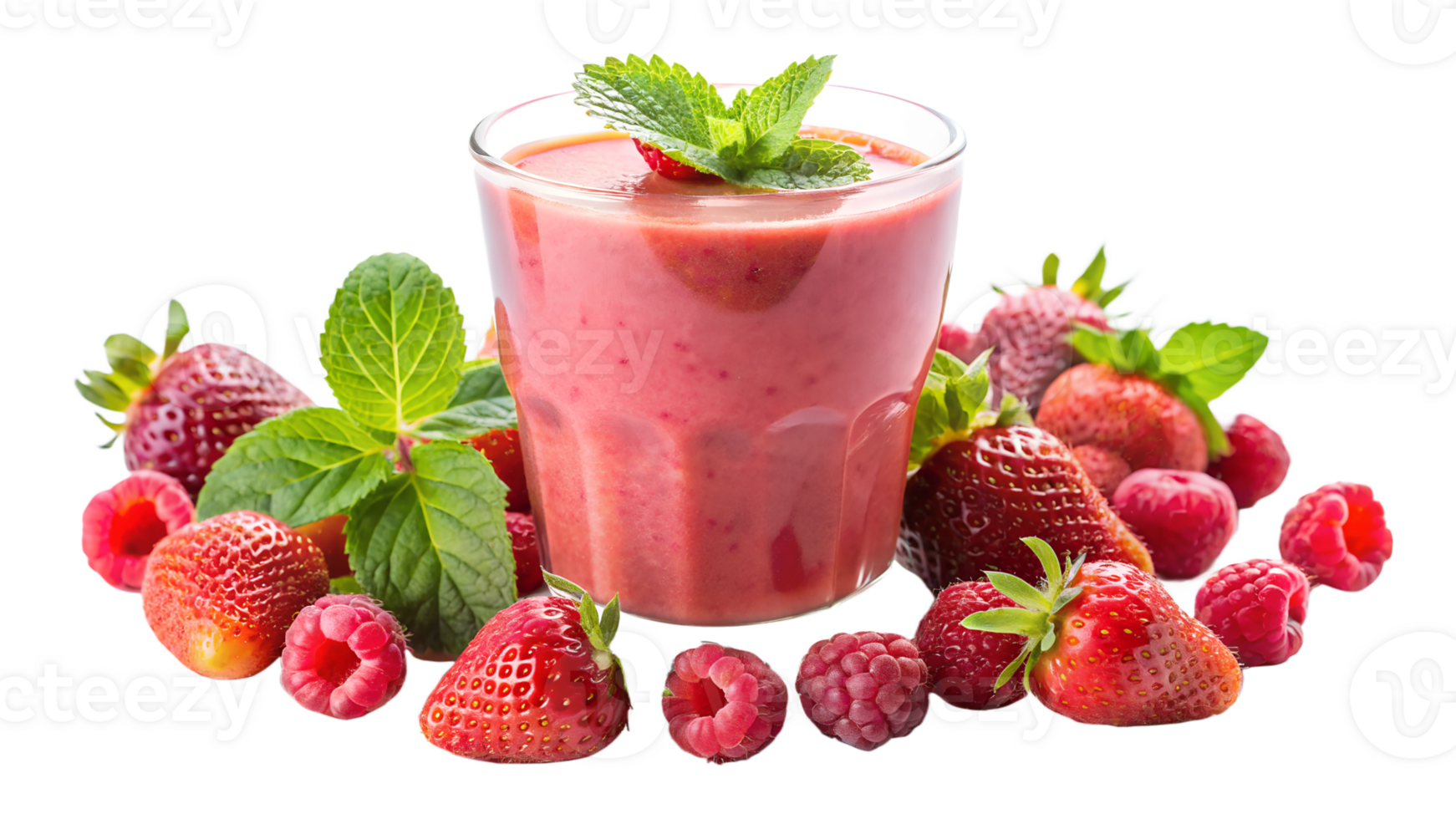 Glass of fresh berry smoothie surrounded by strawberries and raspberries, perfect for healthy food themes, transparent file png