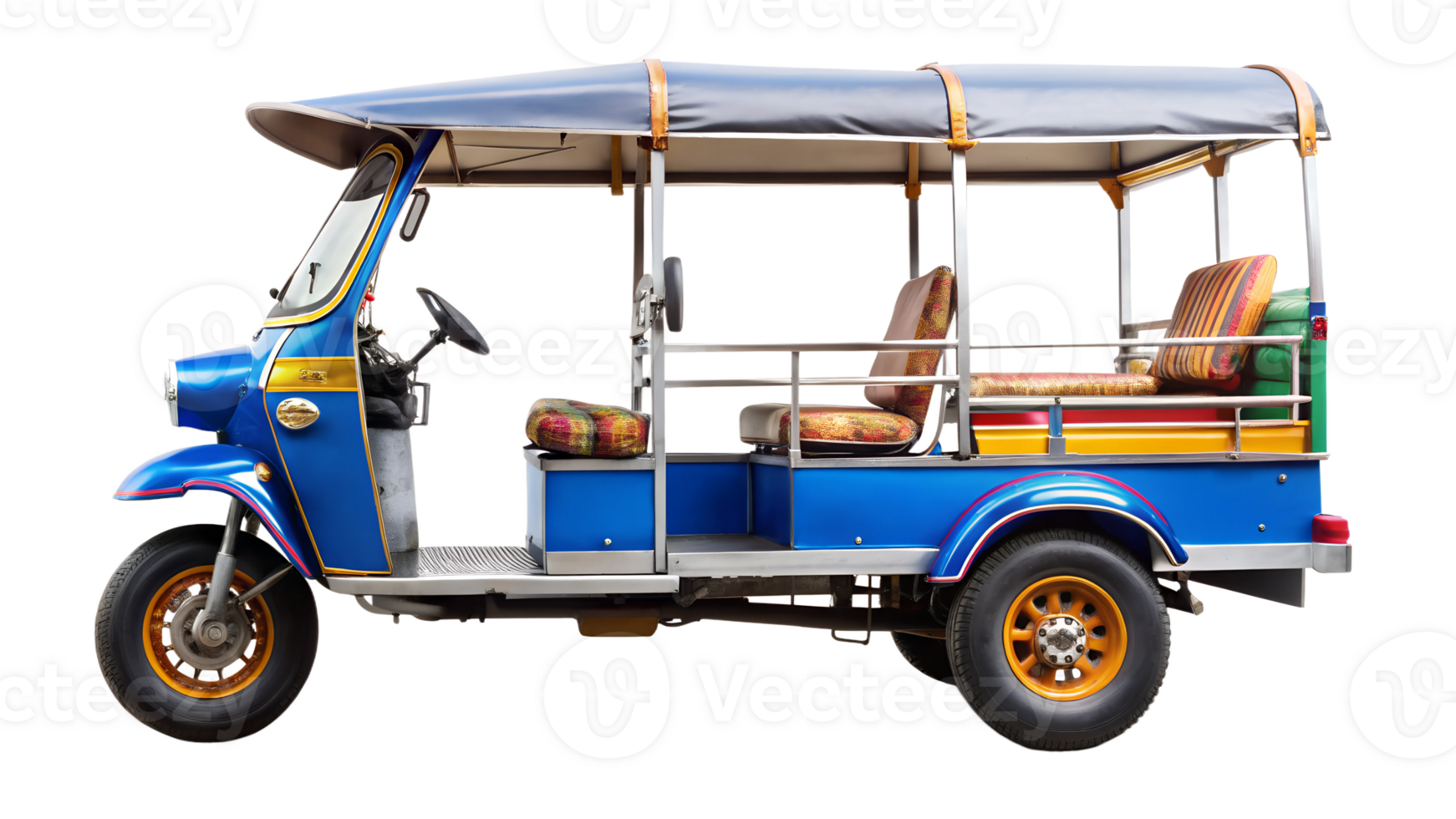 Colorful tuk-tuk rickshaw with striped cushions and canopy, traditional Thai three-wheeled vehicle, isolated transparent file png