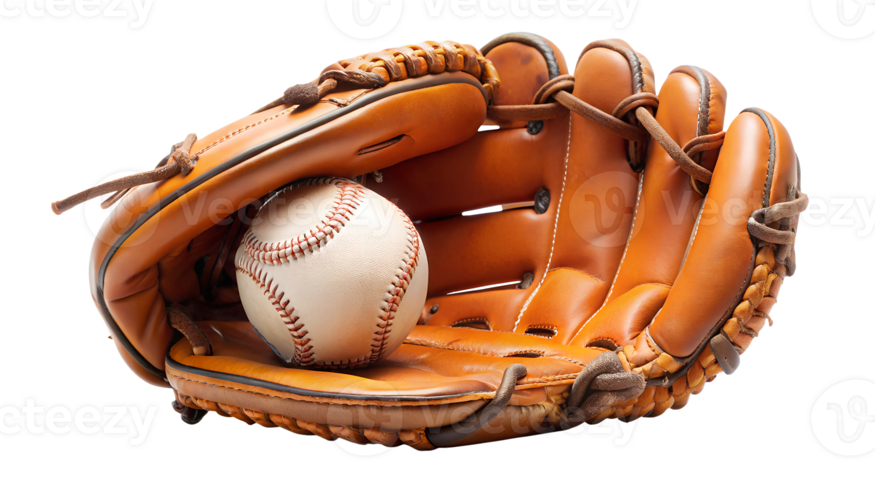 Baseball glove holding ball close-up, leather sports gear for baseball games, vintage style baseball mitt with white ball, transparent file png