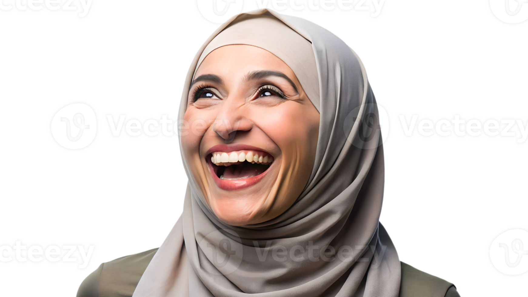 Joyful woman in light grey hijab smiling broadly, showing happiness and positive emotion, close-up portrait, transparent file png