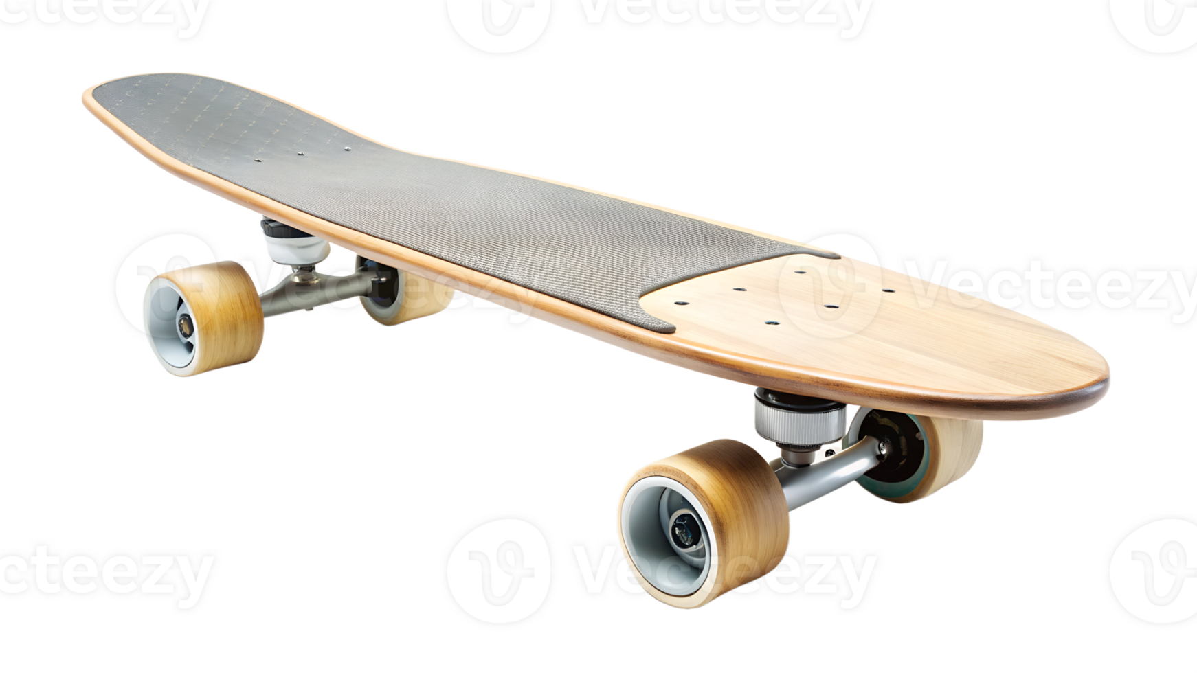 Stylish longboard with bamboo deck and white wheels, isolated transparent file png
