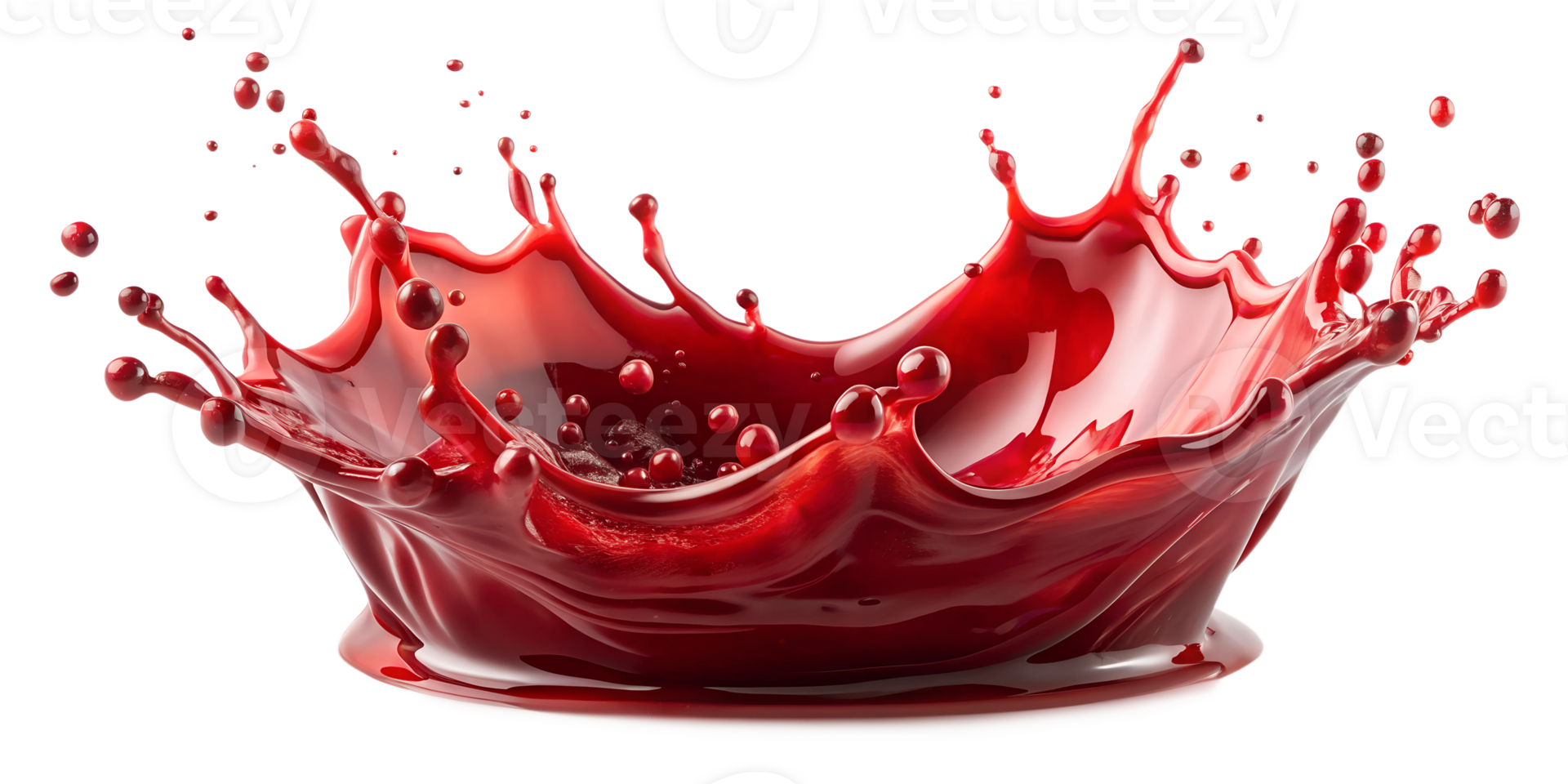 Intense red liquid splash with vivid droplets, emphasizing energy and impact, isolated, transparent file png