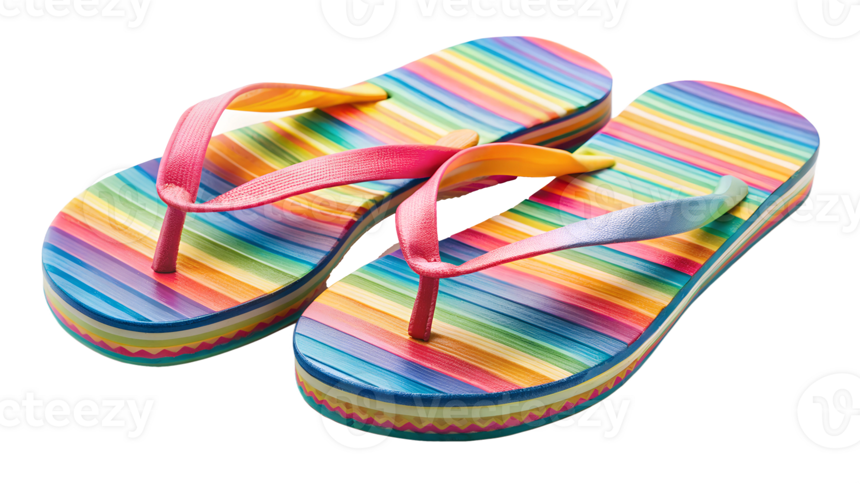 Rainbow-colored flip-flops with striped design for summer, bright casual footwear, isolated transparent file png