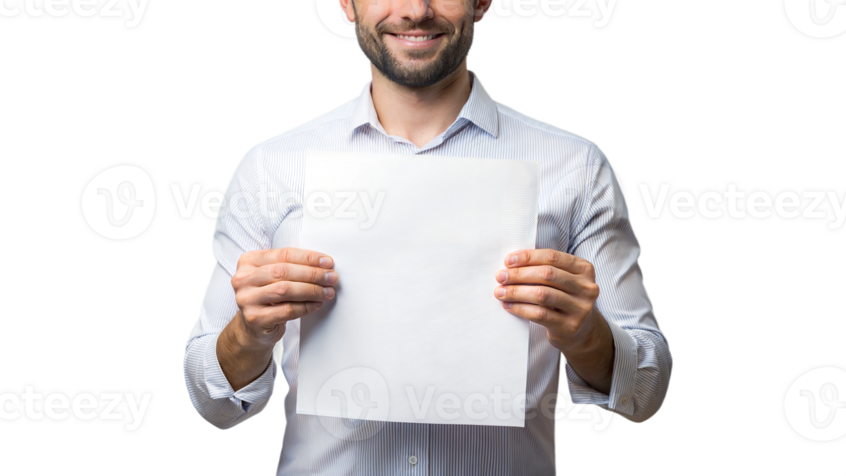 sorridente uomo Tenere un' vuoto foglio di carta, isolato, trasparente file png