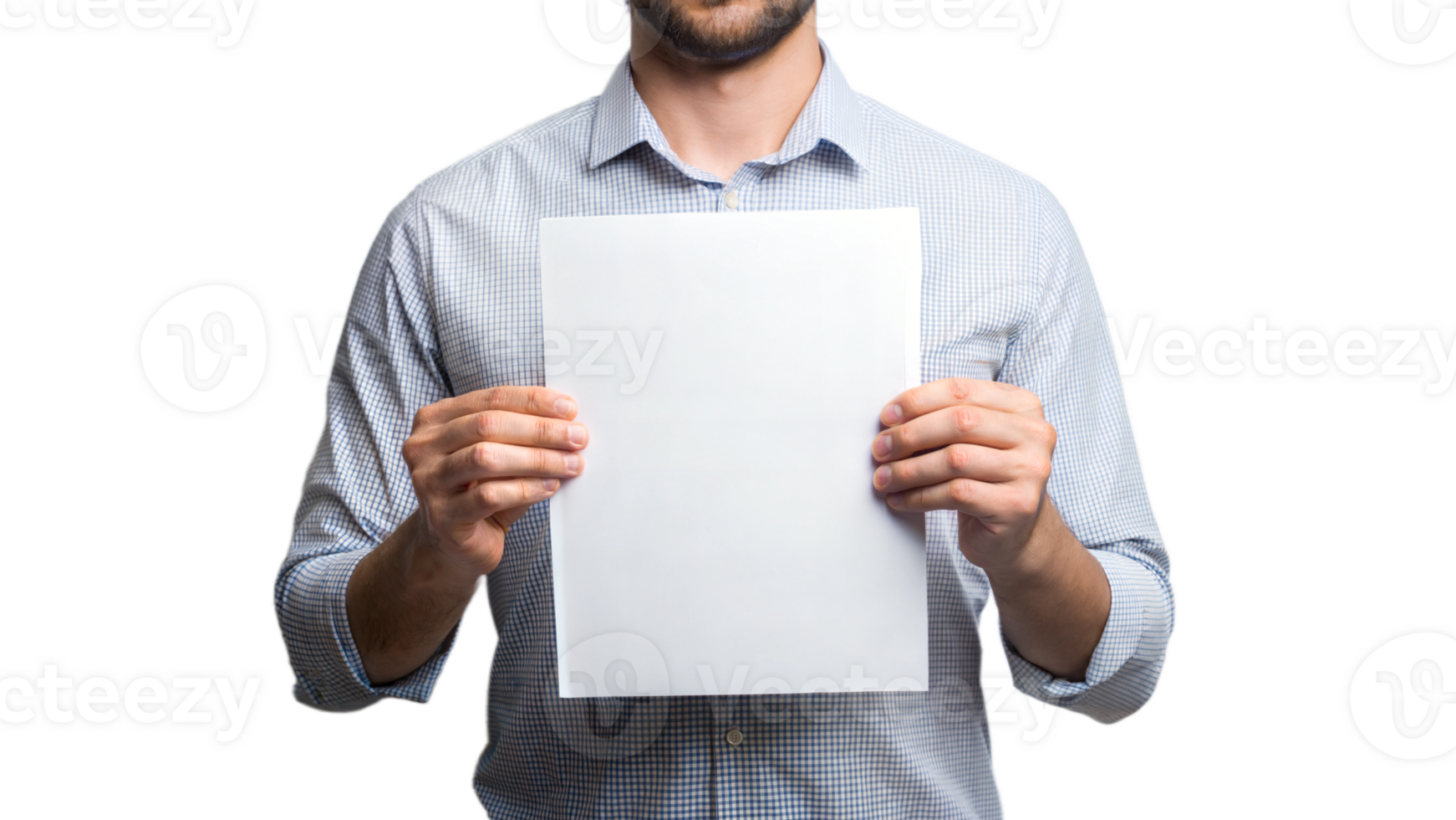 Man holding a blank white paper, mockup for design, isolated, transparent file png