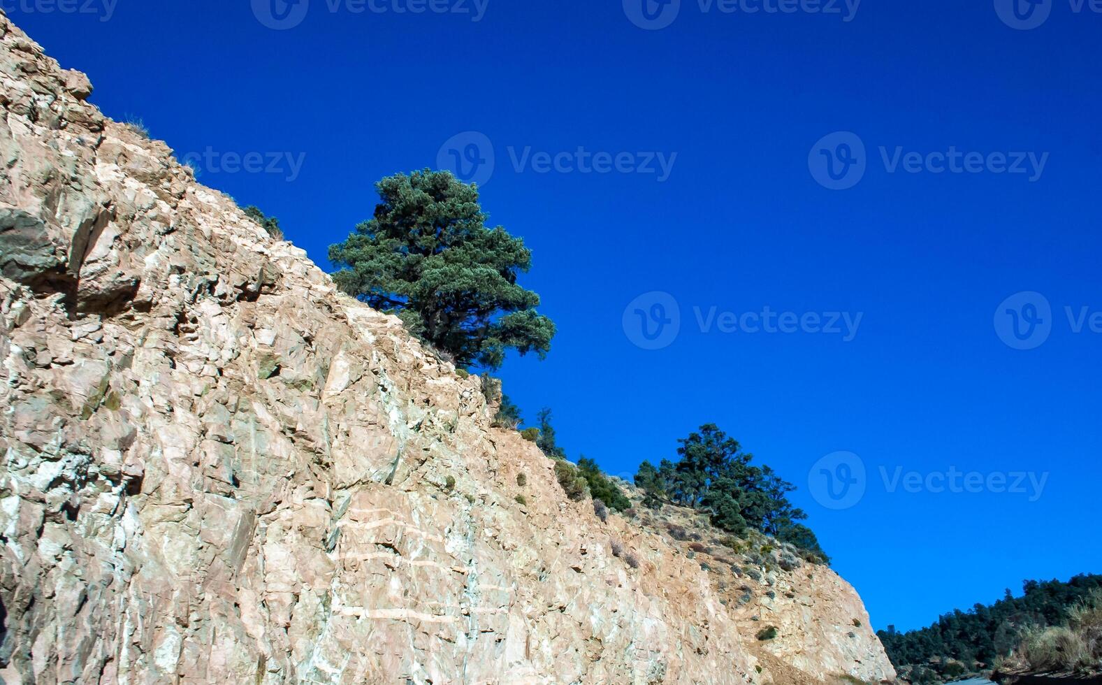 Conifers and other drought-resistant plants grow on the clay and stone rocks of the mountain at the pass in the Sierra Nevada Mountains, California, USA photo