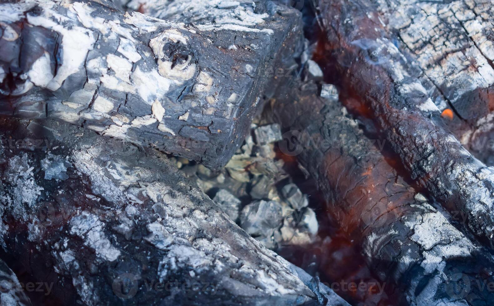 Firewood burning in the brazier, smoldering log coals photo