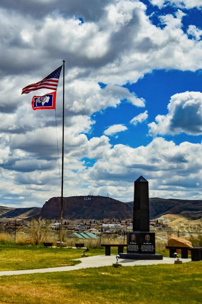 USA, Wyoming - 06 MAY 2018 - Flag of United States and Wyoming State, US photo