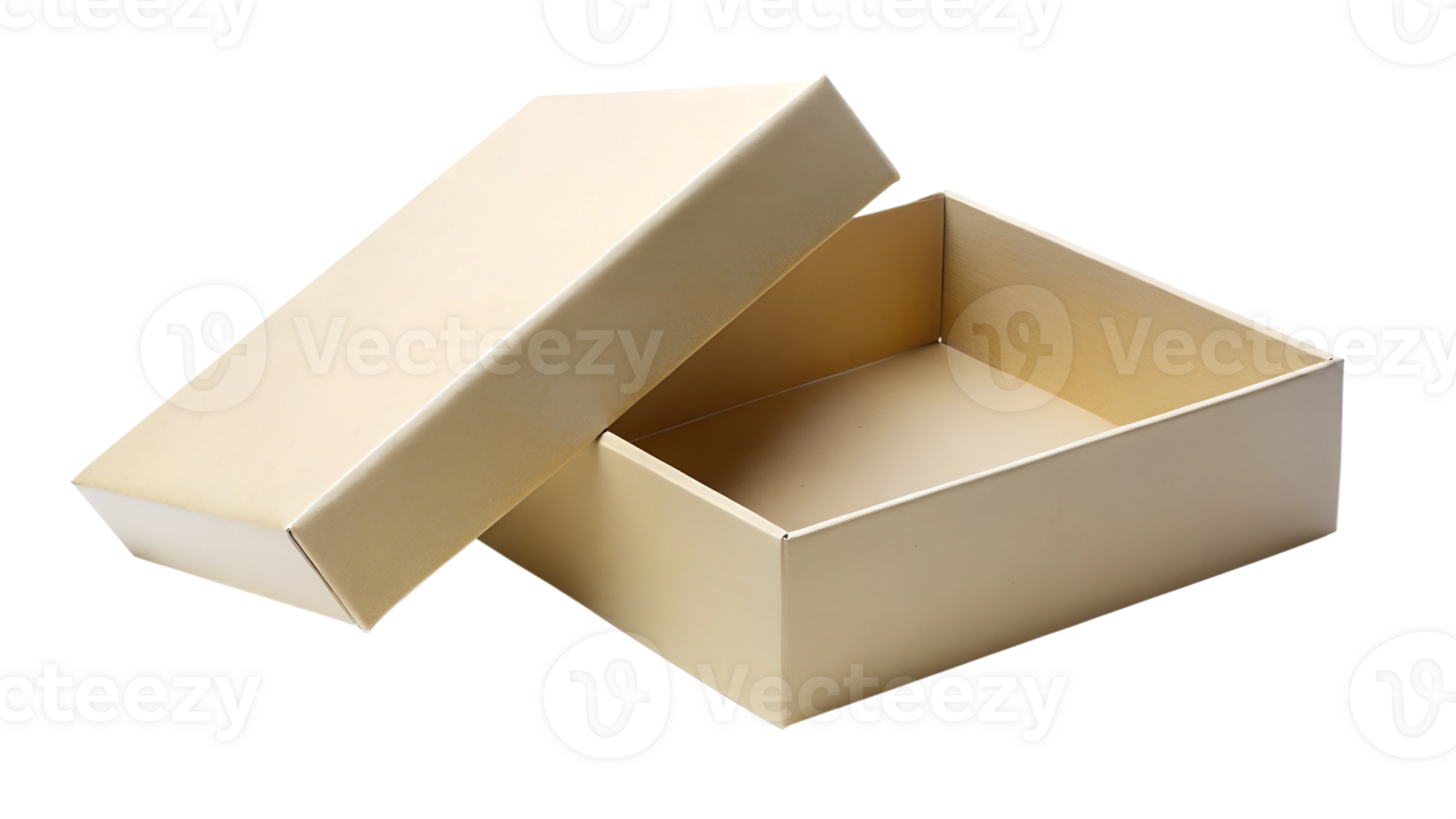 Open beige cardboard box with lid, transparent file png