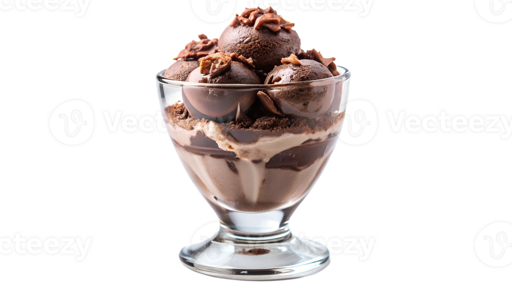 Delicious chocolate ice cream sundae in a glass cup, isolated, indulgent dessert treat, transparent file png