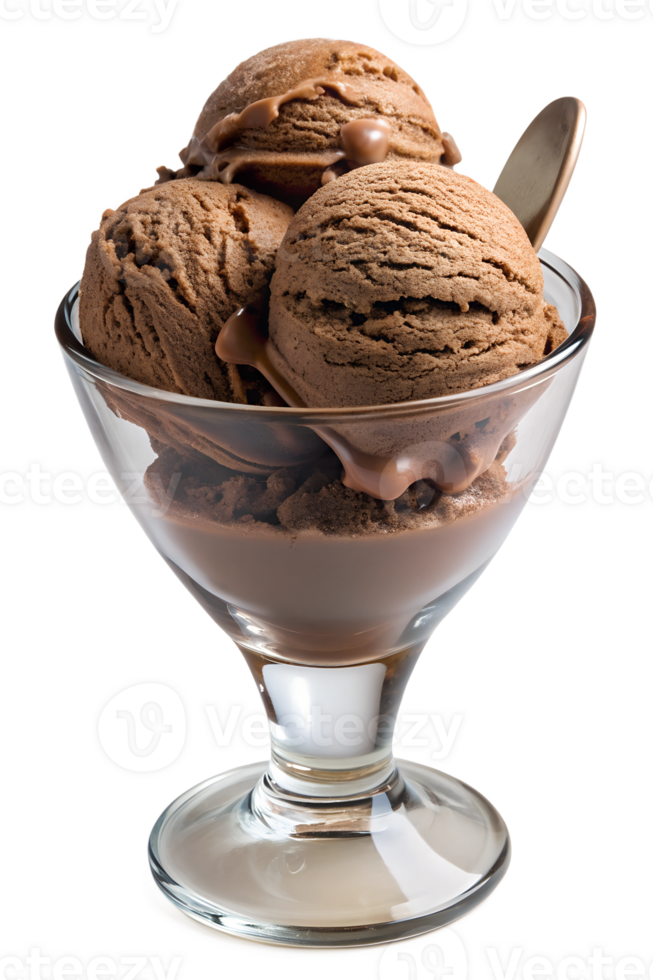 Three scoops of chocolate ice cream in a glass dessert cup, transparent file png