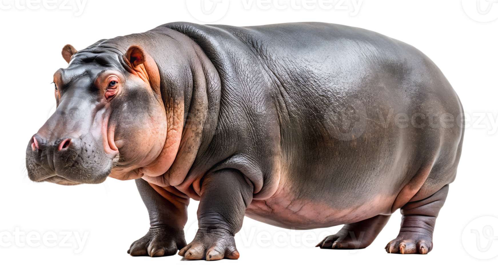 Close-up of a large hippopotamus standing, isolated, transparent file png