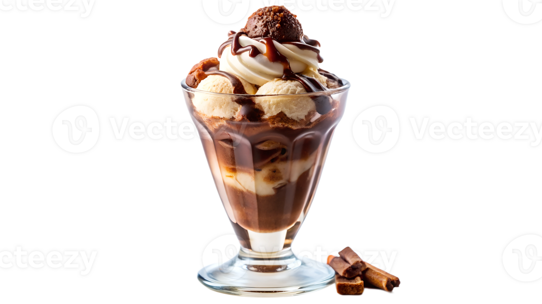 Chocolate and vanilla ice cream sundae in glass, dessert topping, indulgent sweet treat, transparent file png