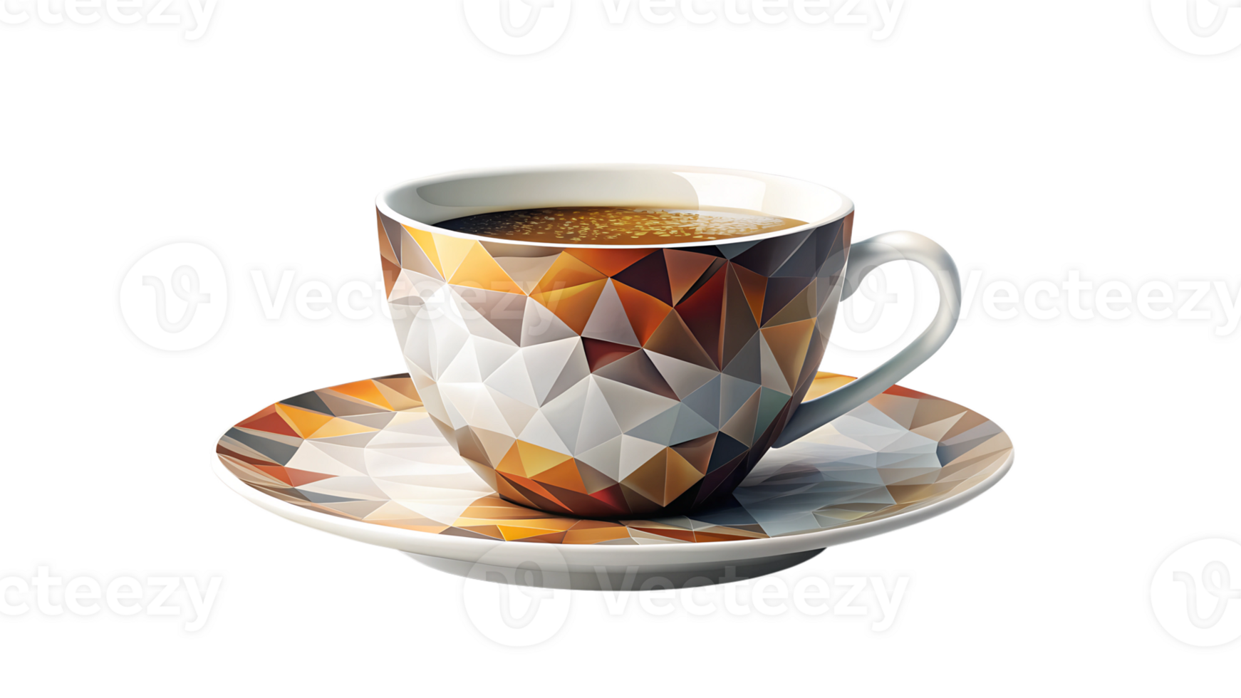 Geometric patterned coffee cup with saucer, colorful polygonal design, modern style tableware, isolated, transparent file png