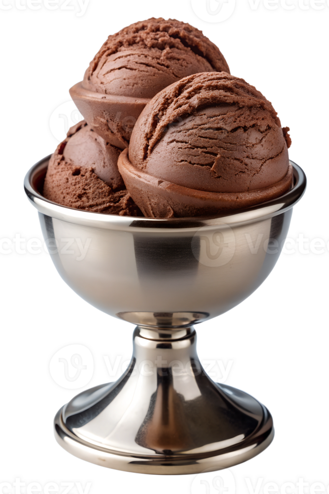 Triple scoop of chocolate ice cream in a metallic dessert bowl, transparent file png