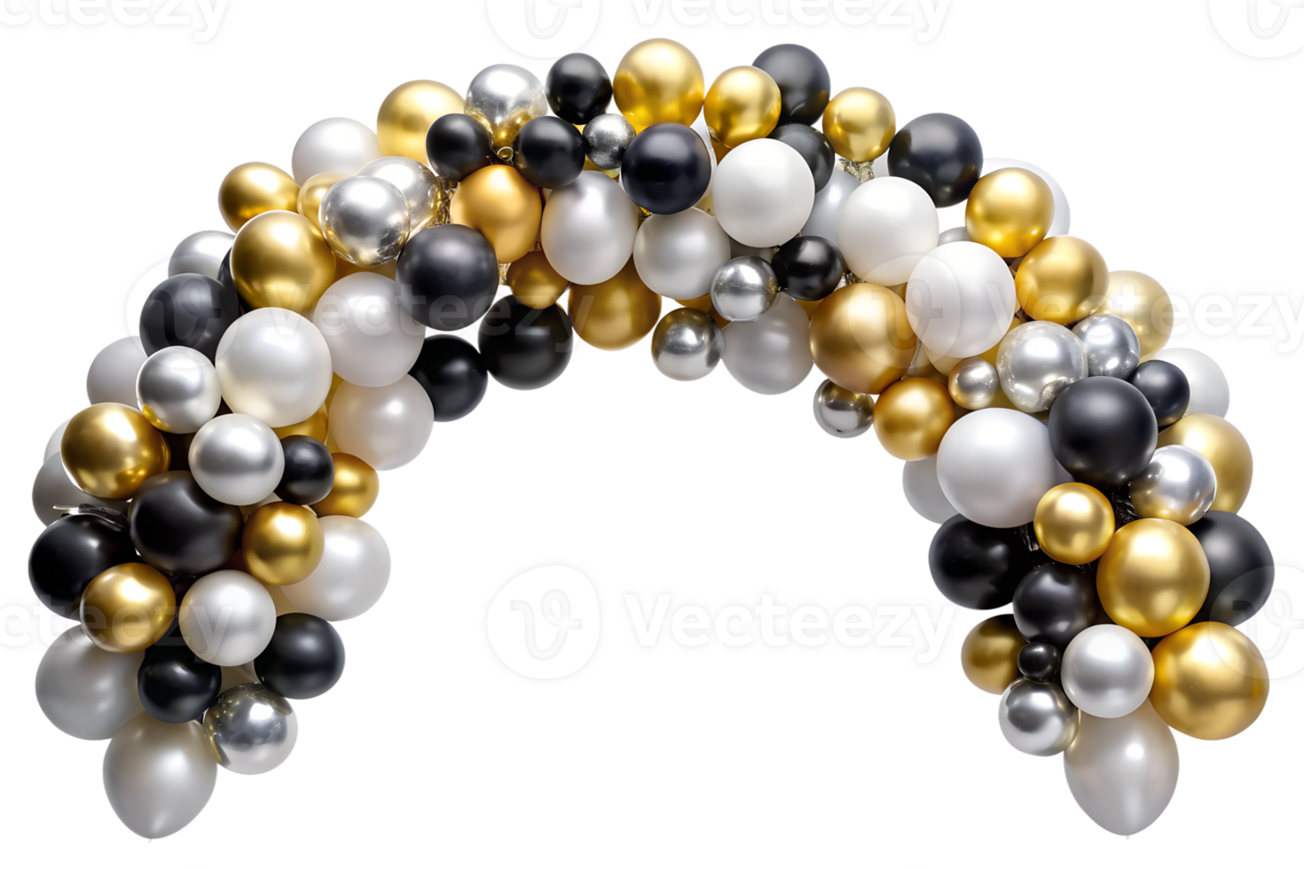 Black, gold, and silver balloon arch for party decor, isolated on transparent file png