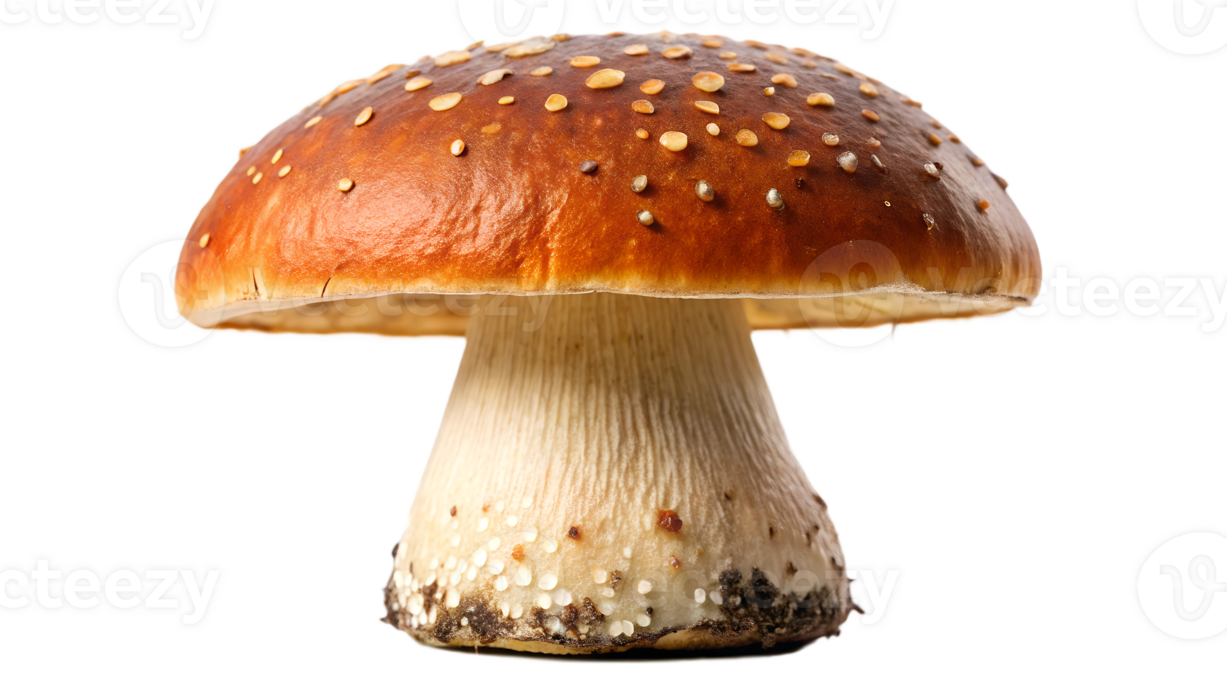 Close-up of a wild mushroom with white stem and spotted cap, isolated, transparent file png