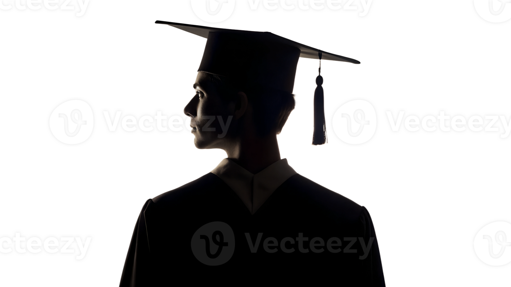 Silhouette of graduate in cap and gown, dramatic lighting, transparent file png