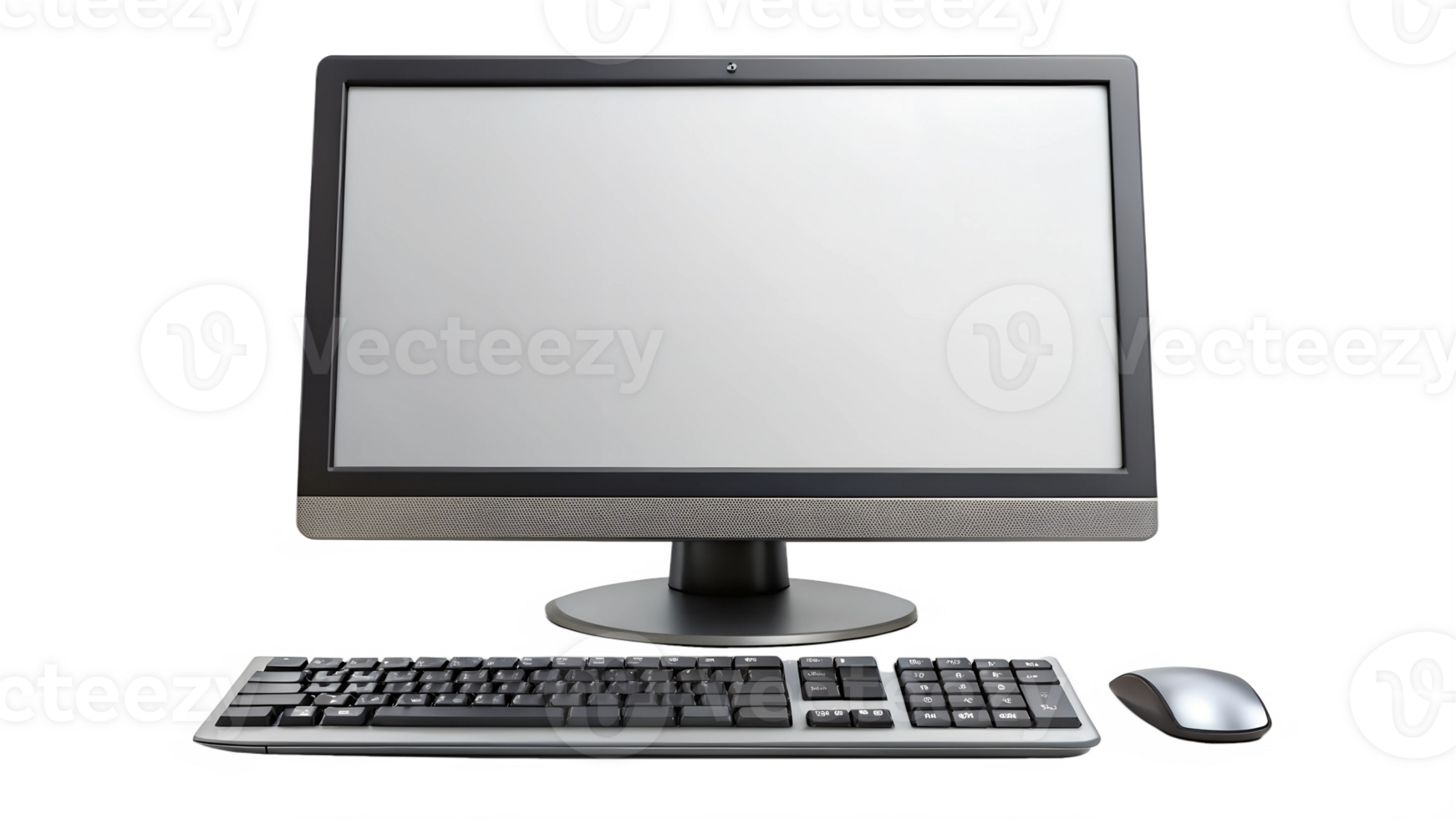 Front view of desktop computer with keyboard and mouse, transparent file png