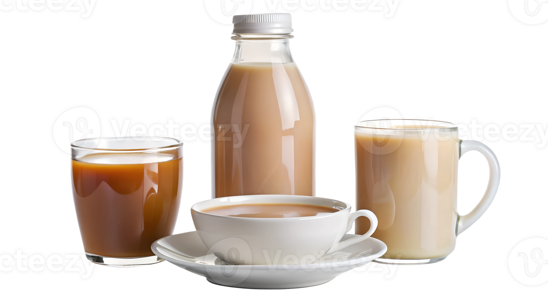Variety of teas and coffee in different cups and bottle, hot beverages selection, transparent file png