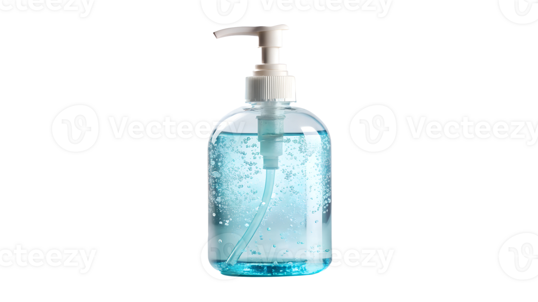 Blue-tinted hand sanitizer pump bottle, bubbles visible inside, isolated, health and safety, transparent file png