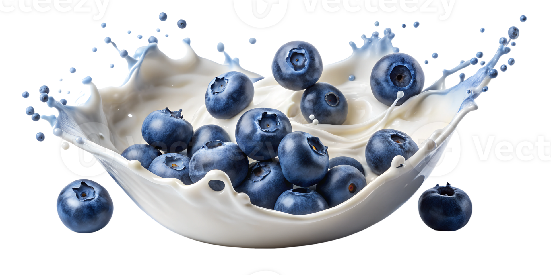 Fresh blueberries falling into milk creating splash, concept of healthy breakfast and fresh fruits, isolated, transparent file png