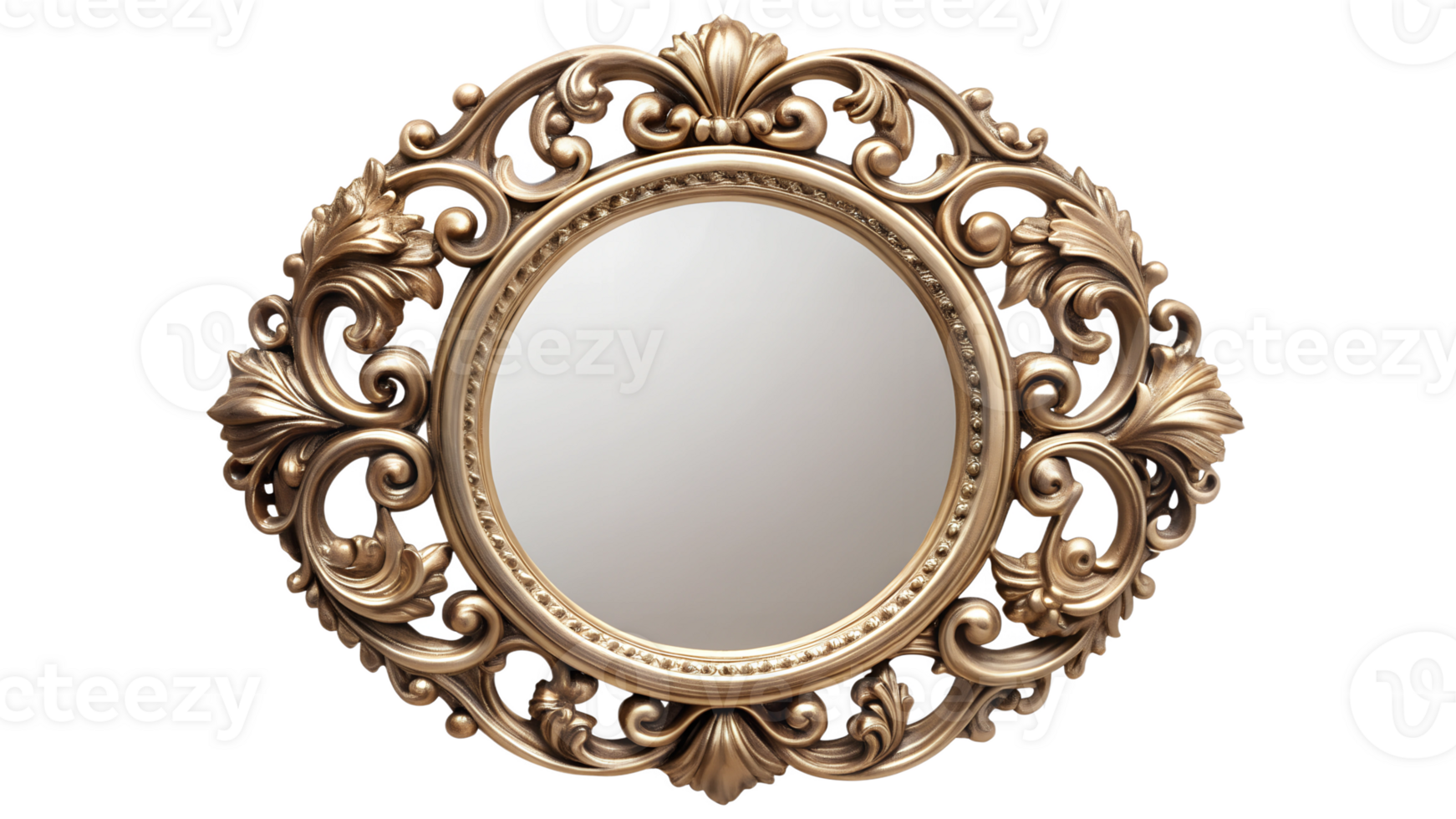 Ornate round mirror with intricate gold frame, vintage home decor isolated, transparent file png