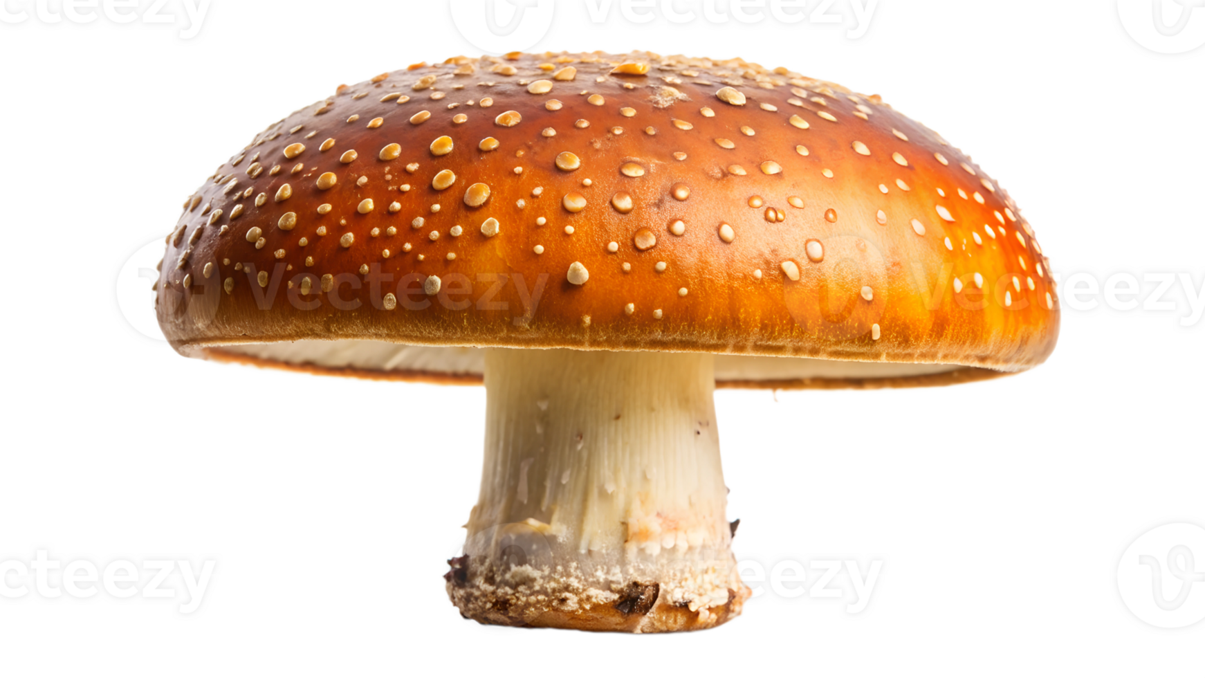 Close-up of a fly agaric mushroom with bright red cap and white spots, isolated, transparent file png