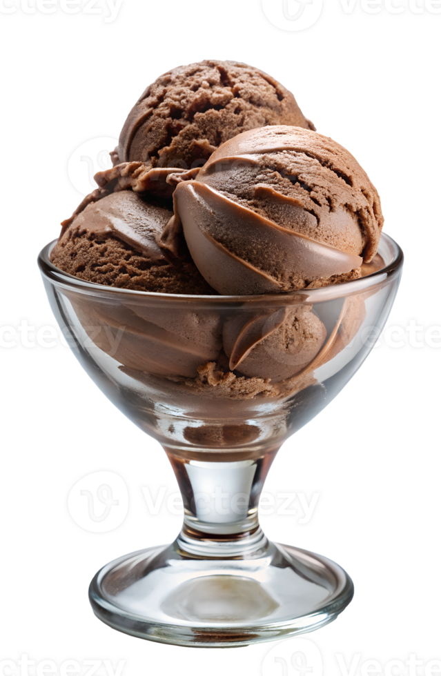 Double scoop of chocolate ice cream in a glass dessert cup, transparent file png