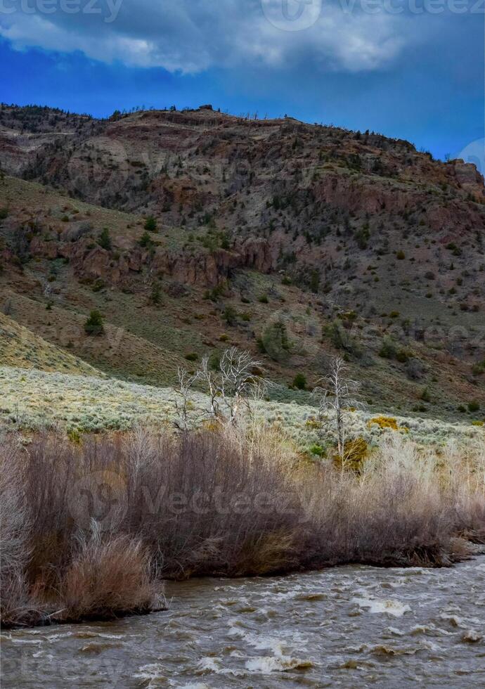 Mountain river with muddy water, melting snow in the mountains. Mountain landscape. photo