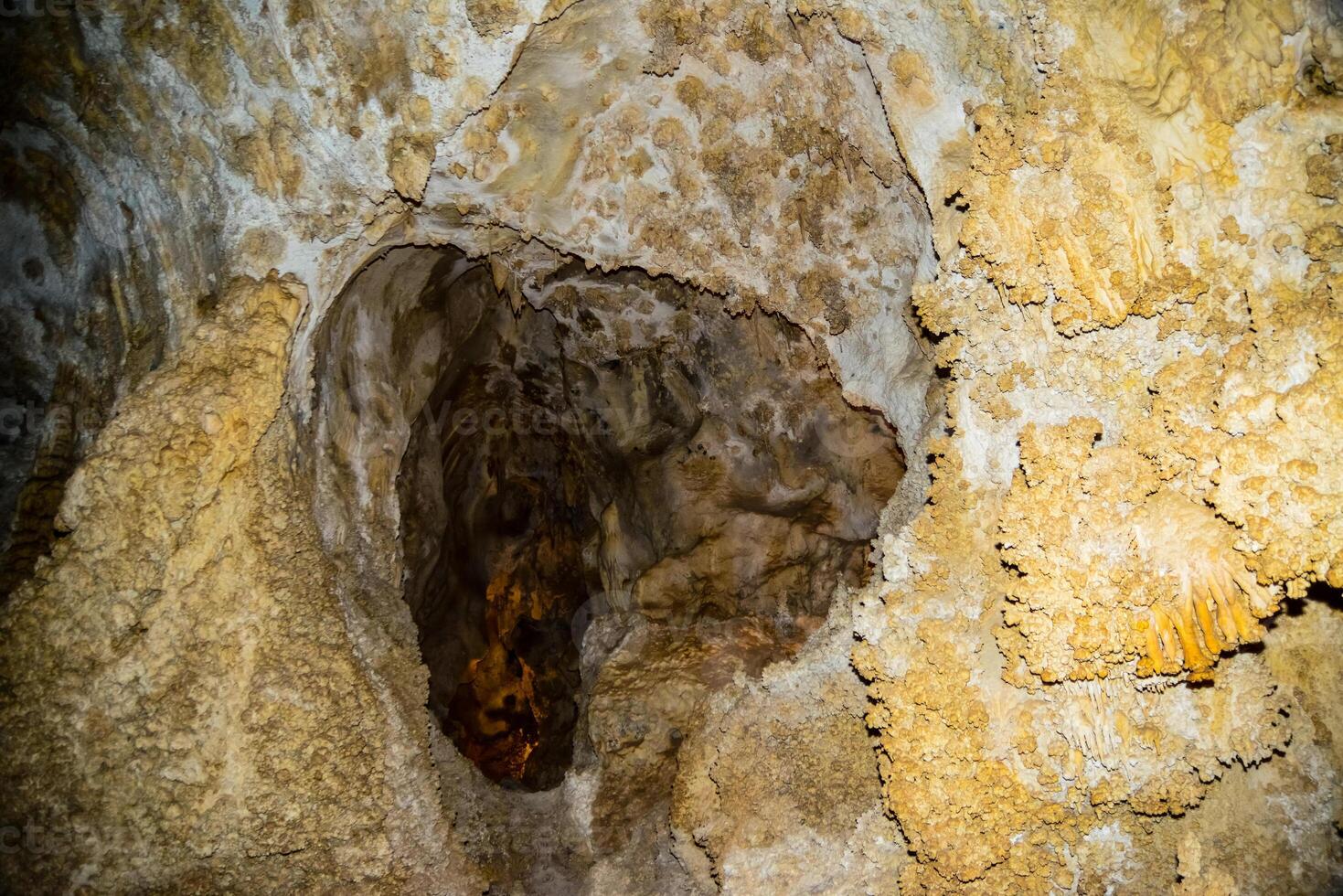 Calcite inlets, stalactites and stalagmites in large underground halls in Carlsbad Caverns National Park, New Mexico. USA photo