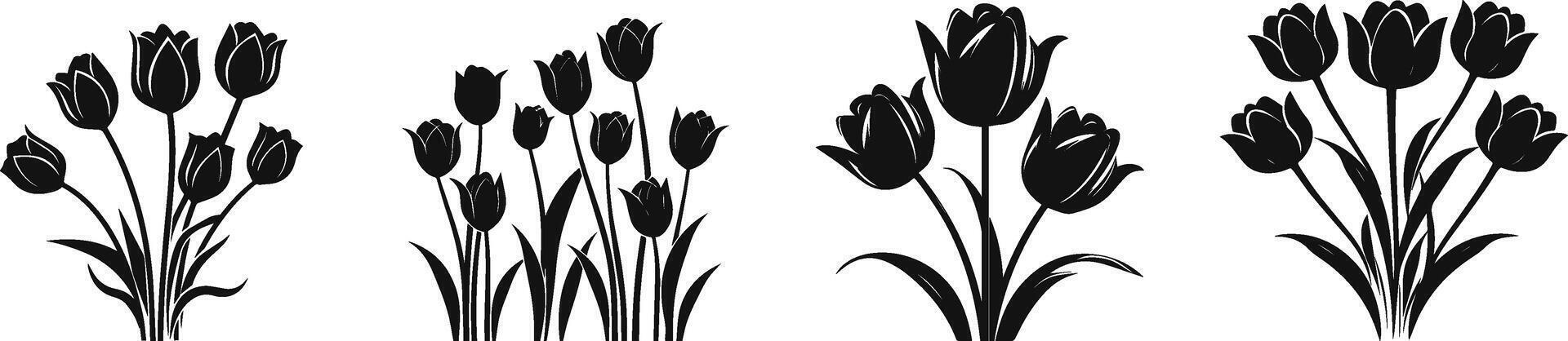 set of silhouettes of tulips flowers black color illustration vector
