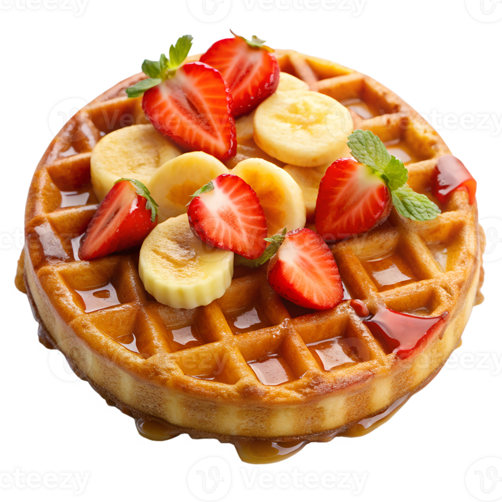 Belgian waffle with strawberries and banana slices transparent file png
