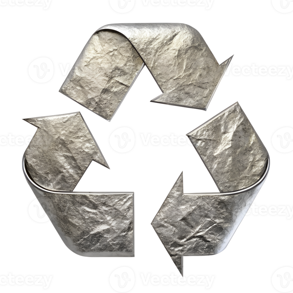 Crumpled silver recycling symbol with weathered texture, rugged environmental icon, transparent file png