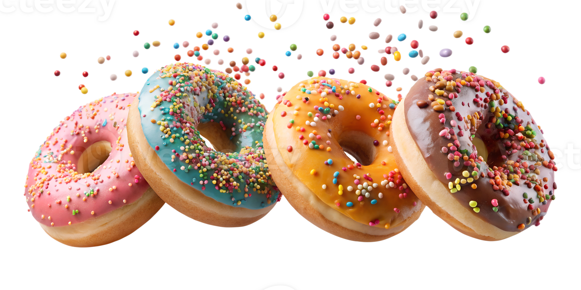 Close-up of assorted donuts with colorful sprinkles, transparent file png